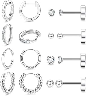 Fansilver 8 Pairs Flatback Stud Earrings for Women 14K Gold Filled Stud Earring Sets for Multiple Piercing Hypoallergenic Huggie Hoop Earrings Tiny Ball CZ Flat Back Stud Earrings for Teen
