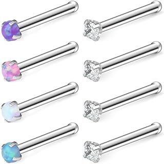 18G 316L Surgical Steel Nose Studs Adorned with Synthetic Opal and Clear CZ Gems by Ruifan, Body Piercing Jewelry, Set of 8 Opal & CZ Nose Bone Rings