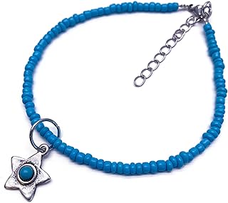 Turquoise Blue Glass Seed Bead ANKLET with Silver Tone Star Charm : Adjustable 8.75-10.5 inches