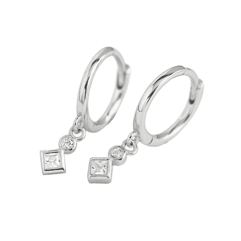 Geometric CZ Bezel Dangle Hoop Earrings for Women Girls 925 Sterling Silver Charms Minimalist Tiny Cubic Zirconia Drop Dangling Cartilage Helix Tragus Hypoallergenic Jewelry Dainty Gifts