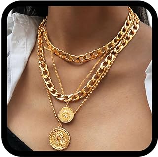 TWINKLEDE Layered Coin Pendant Gold Chunky Necklace Chain for Women