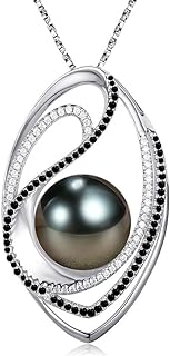 18K White Gold Plated Sterling Silver Tahitian Black Pearl Pendant Necklace with Box Chain- Elegant Gift for Mom, Wife, or Woman