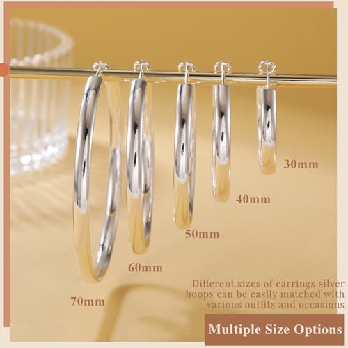 LOUMILEO S925 Sterling Silver Hoop Earrings 5mm Wide Silver Hoop Earrings for Women Hypoallergenic Large Silver Hoop Earrings Lightweight Big Hoop Earrings for Women (30/40/50/60/70mm)
