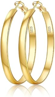 EXGOX 5mm Wide Gold Hoop Earrings for Women,Sterling Silver Hoop Earrings Large Silver Hoop Earrings Hypoallergenic Lightweight 14K Real Gold Plated Big Hoop Earrings for Girls 30/40/50/60/70mm