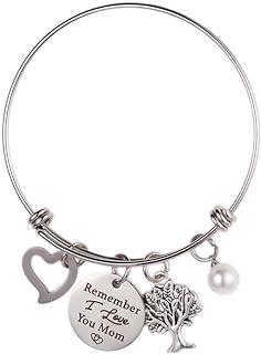 "Remember I Love You Mum" Personalized Stainless Steel Bangle Bracelet with Heart Charm and Artificial Pearl, Box Chain and S Hook Clasp Design