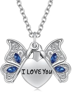 Butterfly Locket Necklace with Box Chain and Lobster Clasp for Women, Love Heart Design, Stainless Steel