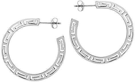 Classy Greek Key Design Half Hoop Earrings for Women by AeraVida, Pierced Post with Push-Back Mechanism, Crafted from .925 Sterling Silver, Exquisite 33mm Size