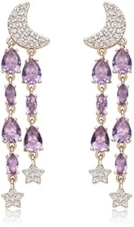 Elegant Crystal Teardrop Dangle Tassel Earrings with Snap Back, Designed with Purple and Green Cubic Zirconia Rhinestone for Women's Wedding, Prom, and Daily Wear