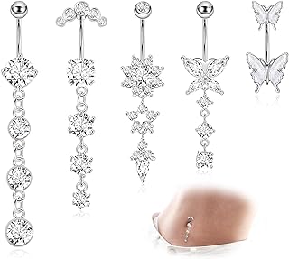 5Pcs 14G Surgical Steel Dangle Belly Button Ring for Women Girls Dangle Navel Ring Curved Belly Rings CZ Butterfly Barbell Body Piercing Jewelry