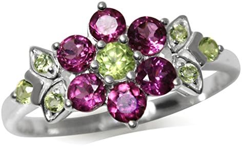 Silvershake Natural Rhodolite Garnet and Peridot 925 Sterling Silver Flower Leaf Ring