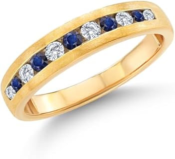 Gem Stone King Men's 10K Yellow Gold White Lab Grown Diamond and Blue Sapphire Satin Finish Wedding Band Ring (0.63 Cttw, Available in Size 7,8,9,10,11,12,13)