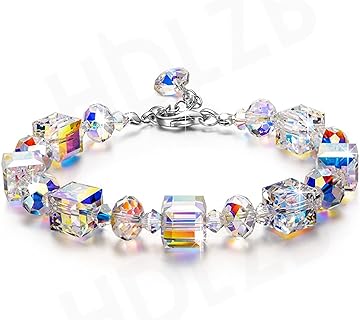Bead Chain Clasp Multicolor Rhinestone and Crystal Bracelet for Women - Square Stretch Design - Perfect for Girls, Ladies and Gift Occasions