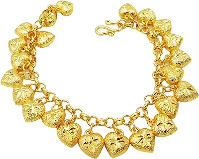 Lovely Heart Hanging Bracelet 22k 23k 24k Thai Baht Gold Plated Bangle 7 Inch Jewelry for Her