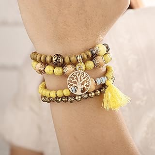 YERTTER Bohemian 4pcs Layered Beaded Stretch Stackable Bracelet Multi-Color Tree of Life Pendant Tassel Bracelet Vintage Strand Bracelet Set for Women Girls