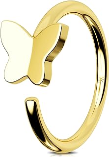 Jewseen Unisex 14K Gold Nose Ring with Cubic-zirconia Butterfly Design - Hypoallergenic 18G Piercing Jewelry for Nose and Cartilage