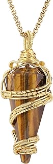 Gold-Plated Copper Wire Wrapped Large Tiger's Eye Crystal Pendant Necklace for Women and Men, Unisex Conical Hexagonal Healing Jewelry by SUNYIK