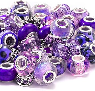 Hicarer Brand Charm Bracelet with 80 pcs Assorted Glass Beads in Round Design, Metal Material, Featuring Rhinestone and Macramé Charms, Ideal for DIY Jewelry & Craft Lovers, Purple Color