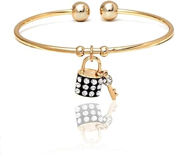 Women's Yellow Gold Plated Brass Open Bangle with Box Chain and Lobster Claw Clasp, Featuring Lock and Key Crystal Pendant Design