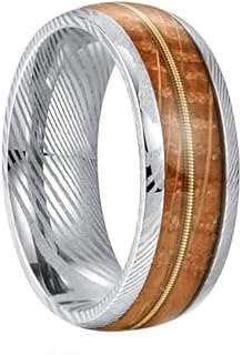 NUNCAD Men's Damascus Steel Wedding Band with Opal Inlay, Blue Groove Design - Comfort Fit, Sizes 6-12