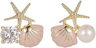 Beach Earrings Tiny Starfish Seashell Faux Pearl Stud Earrings Women Girls Summer Earrings Cute Sea Star Shell Earrings Rhinestone Beach Earrings for Girls