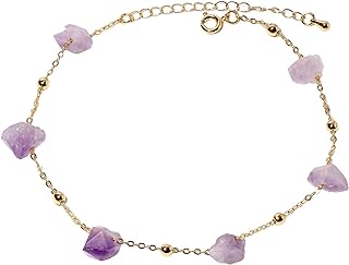 Xfoxstal 14k Gold Plated Ball Chain Ankle Bracelets for Women Raw Amythyst Anklet Peace Relaxation Birthstone Gifts Summer Beach Jewelry