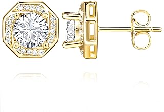 BYBAIZ Stud Earrings 14K Gold Stud Earrings Hexagon Diamond Earrings Studs Round CZ Stone Gold Earrings Studs Women’s Earrings Jewelry 6.2mm