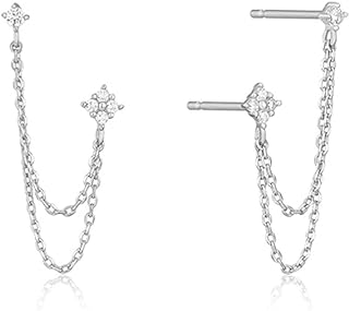 Dangling Earrings,4 Prong CZ Round Stud With Chain Cuff S925 Sterling Silver Earrings for Women Girls Cartilage Double Piercing Holes Minimalist Climber Crawler Hypoallergenic