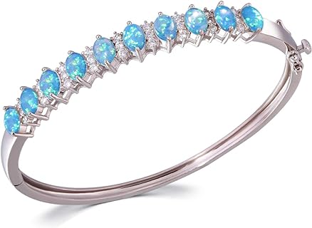 CiNily Women's Bead Chain Opal Bangle Bracelet with White Gold-Plated Base and Created Opal, Exquisite Gift for Birthdays, Celebrations, and Admirations