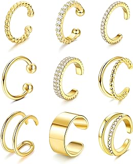 IRONBOX 9Pcs Ear Cuff Earrings for Women 14K Silver/Gold Ear Cuff Non Piercing Cartilage Clip Cuff Earrings Fake Earrings