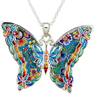 Silvertone Colorful Blue Butterfly Pendant Necklace 21" Chain