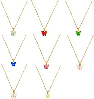 Vibrant Acrylic Butterfly Pendant Necklace Set with Alloy Chain for Women and Girls, 8-PCS Colorful Design