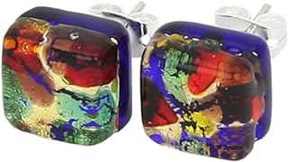 Push-Back Crystal Glass Stud Earrings - Multicolored Square Design, Authentic Murano Glass from Venice for Women