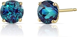 Peora 14K Yellow Gold Created Alexandrite Stud Earrings for Women, Color-Changing Round Shape, 6mm, 2 Carats total, Friction Back
