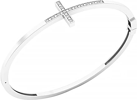 Elegant Round White Diamond Sideways Cross Bangle Bracelet with Box Chain and Secure Clasp for Women in 925 Sterling Silver