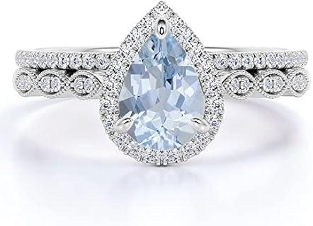 Elegant SISGEM 1 Carat Bezel Set Engagement Ring with Side Stones, 10K/14K/18K Real Gold Twist Moissanite Wedding Ring Set with Tear Drop Aquamarine Centerpiece