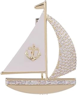 Pin Clasp 14K Gold Boat Brooch Accented with Moissanite and Natural White Pearl - Extravagant Gift for Loved Ones -Luxurious Sailboat Design