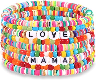 Alloy & Polymer Clay Bead Chain Heishi Bracelets for Women - 'LOVE' 'MAMA' Monogram Design with Colorful Beads - Perfect Beach-Surf/Birthday/Mother's Day Gift