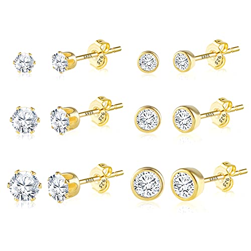 6 Pairs Stud Earrings Cubic Zirconia Earrings Studs Set 14K Gold Plated Sterling Silver Post Hypoallergenic Stud Earrings for Women Girls