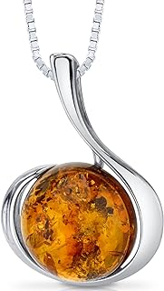 PEORA Genuine Baltic Amber Pendant Necklace, Earrings and Bracelet in Sterling Silver, Floating Round Shape Design, Rich Cognac Color