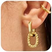 DEARMAY Gold Hoop Earrings Set for Women Trendy Small 14K Gold Plated Stud Huggies Earrings Jewelry Hypoallergenic Thick Big Chunky Fashion Dangle Rectangle Convertible Link Earrings for Women