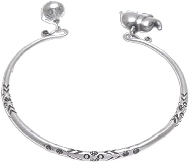 No-Clasp Handmade Sterling Silver Elephant Cuff Bracelet with Box Chain Detail, Crafted for Animal Lovers by Thai Karen Hill Tribe Artisans, Animal-Themed Design