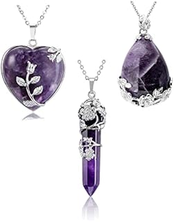 Jovivi 3 Pcs Healing Crystal Necklaces Flower Wrapped Amethyst Crystals Rose Quartz Stone Pendant Necklace Natural Reiki Energy Healing Quartz Gemstone Jewelry for Women