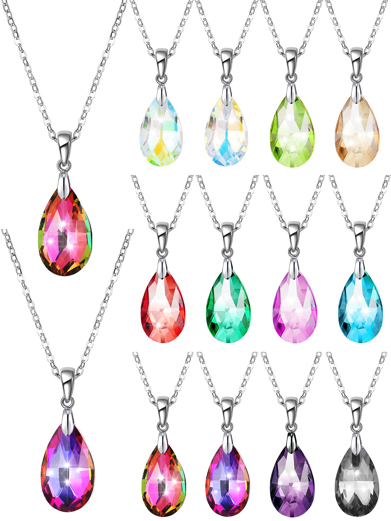 Hicarer 12 Pieces Teardrop Crystal Necklace Cubic Zirconia Pendant Necklace Jewelry for Women Girls