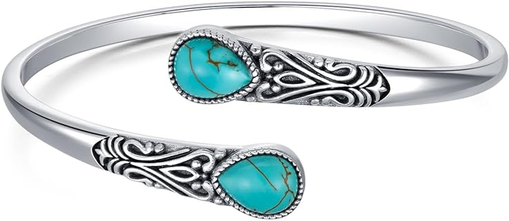 Unisex 925 Sterling Silver Genuine Turquoise Bangle with Box Chain, Navajo/Boho Design Handmade Adjustable Bracelet - Ideal Gift