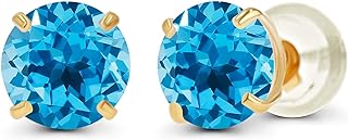 Solid 925 Sterling Silver Gold Plated 6mm Round Genuine Birthstone Gemstone Hypoallergenic Stud Earrings For Women and Girls