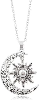 Vintage Bronze Crescent Moon and Sun Pendant Necklace Retro Swirl Filigree Unisex Jewelry Gifts