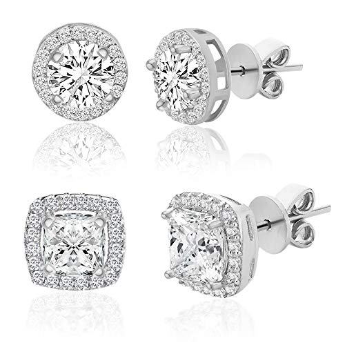 Lesa Michele 925 Sterling Silver Cushion & Round Shaped Cubic Zirconia Halo Stud Earrings for Women 2 Pair Earring Set