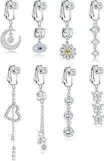 YADOCA 8 Pcs Fake Belly Piercing for Women Fake Belly Ring Dangle Fake Belly Button Piercings CZ Non Piercing Jewelry Clip on Belly Button Rings