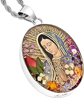 925 Sterling Silver Virgin Mary Pendant Necklace with Cable Chain, Handcrafted Mexican Jewelry for Devotees, Featuring Dried Flowers Design
