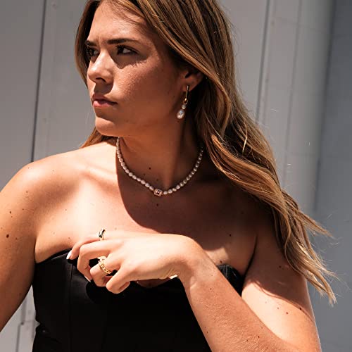 Pink Baguette Pearl Choker Necklace 16'' | Baguette Cubic Zirconia Charm Pendant Necklace Adjustable